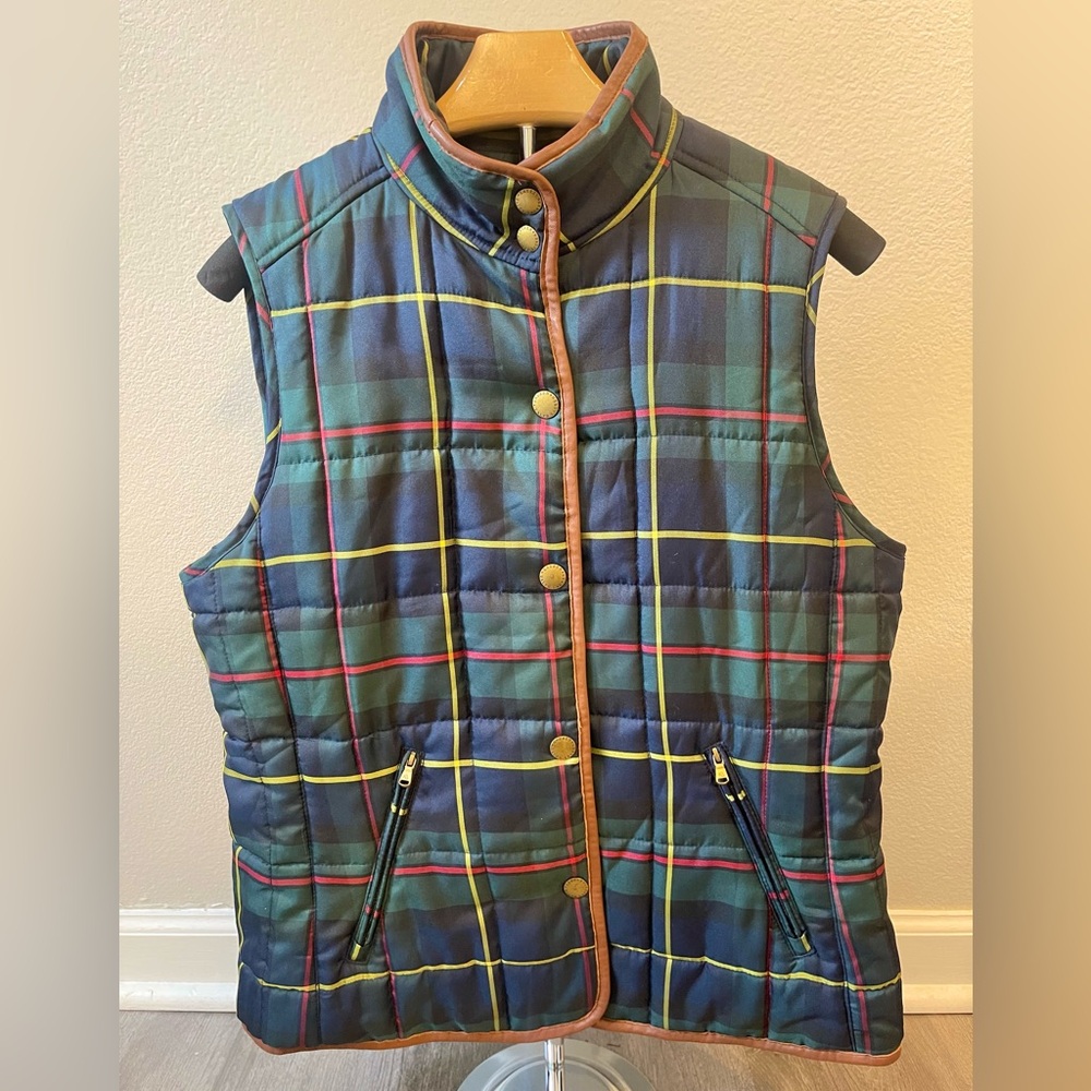 Ralph Lauren Green Plaid Quilted Vest with Brown Trim